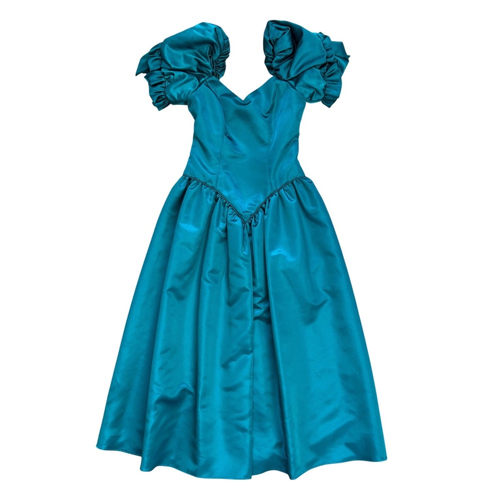 Teal Puff-Sleeve Satin Ball Gown Dress
